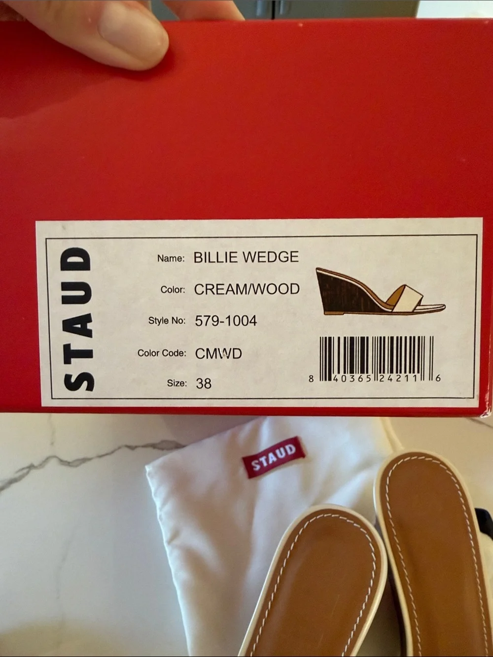 New in box! STAUD Billie Wedge Sandals in Cream and Wood